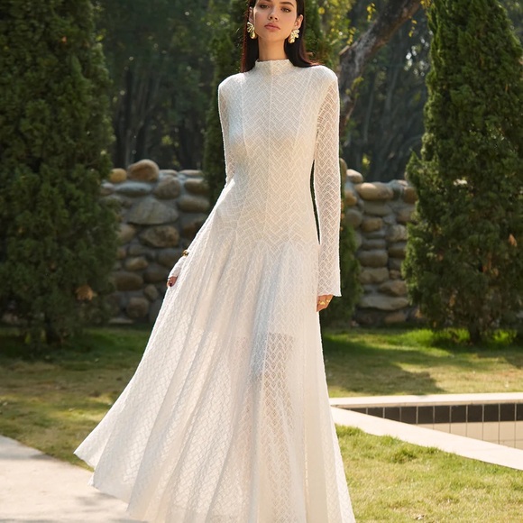 Commense Semi-Sheer Mock Neck Lace Flowy Long Dress - Picture 2 of 9